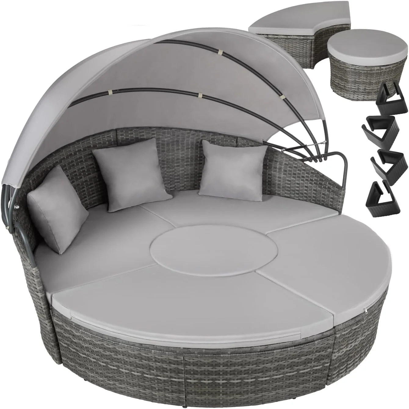 tectake Rattan Island with Cushions, Garden Set with Folding Sliding Awning, Outdoor Garden Furniture with Steel Frame and UV Resistant, Combinable Terrace Set – Beige