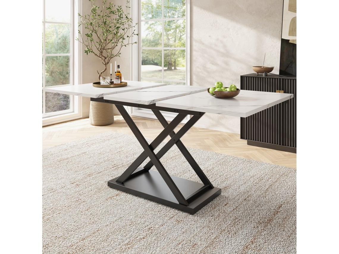 Mesa De Jantar Retrátil Em Mdf E Metal Tampo Com Efeito Mármore Branco Estilo